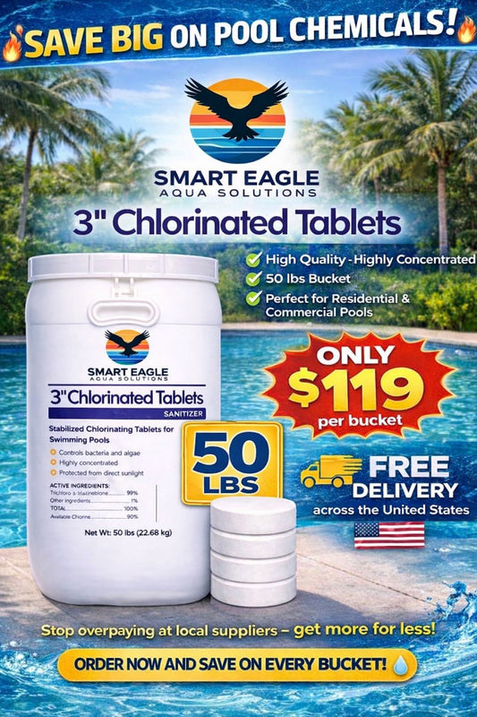 3 Inch Stabilized Chlorine Tablets for Sanitizing Swimming Pools - Slow Dissolving - 90% Available Chlorine - Tri-Chlor - 50 Pounds - Smart Eagle Aqua Solutions