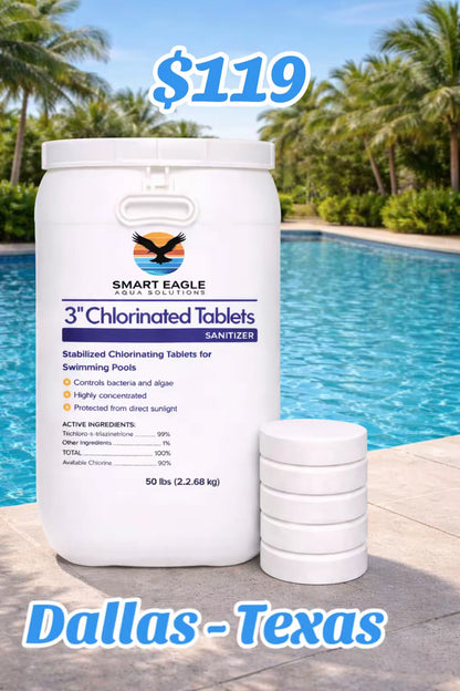 3 Inch Stabilized Chlorine Tablets for Sanitizing Swimming Pools - Slow Dissolving - 90% Available Chlorine - Tri-Chlor - 50 Pounds - Smart Eagle Aqua Solutions