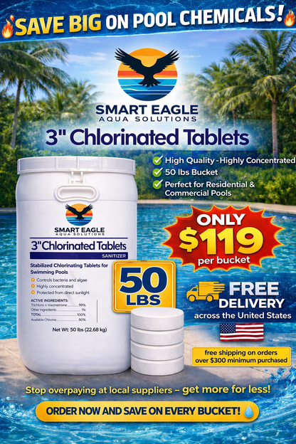 3 Inch Stabilized Chlorine Tablets for Sanitizing Swimming Pools - Slow Dissolving - 90% Available Chlorine - Tri-Chlor - 50 Pounds - Smart Eagle Aqua Solutions