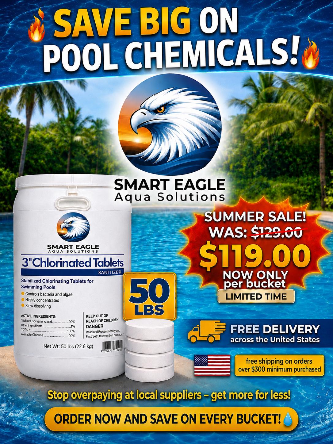 3 Inch Stabilized Chlorine Tablets for Sanitizing Swimming Pools - Slow Dissolving - 90% Available Chlorine - Tri-Chlor - 50 Pounds - Smart Eagle Aqua Solutions