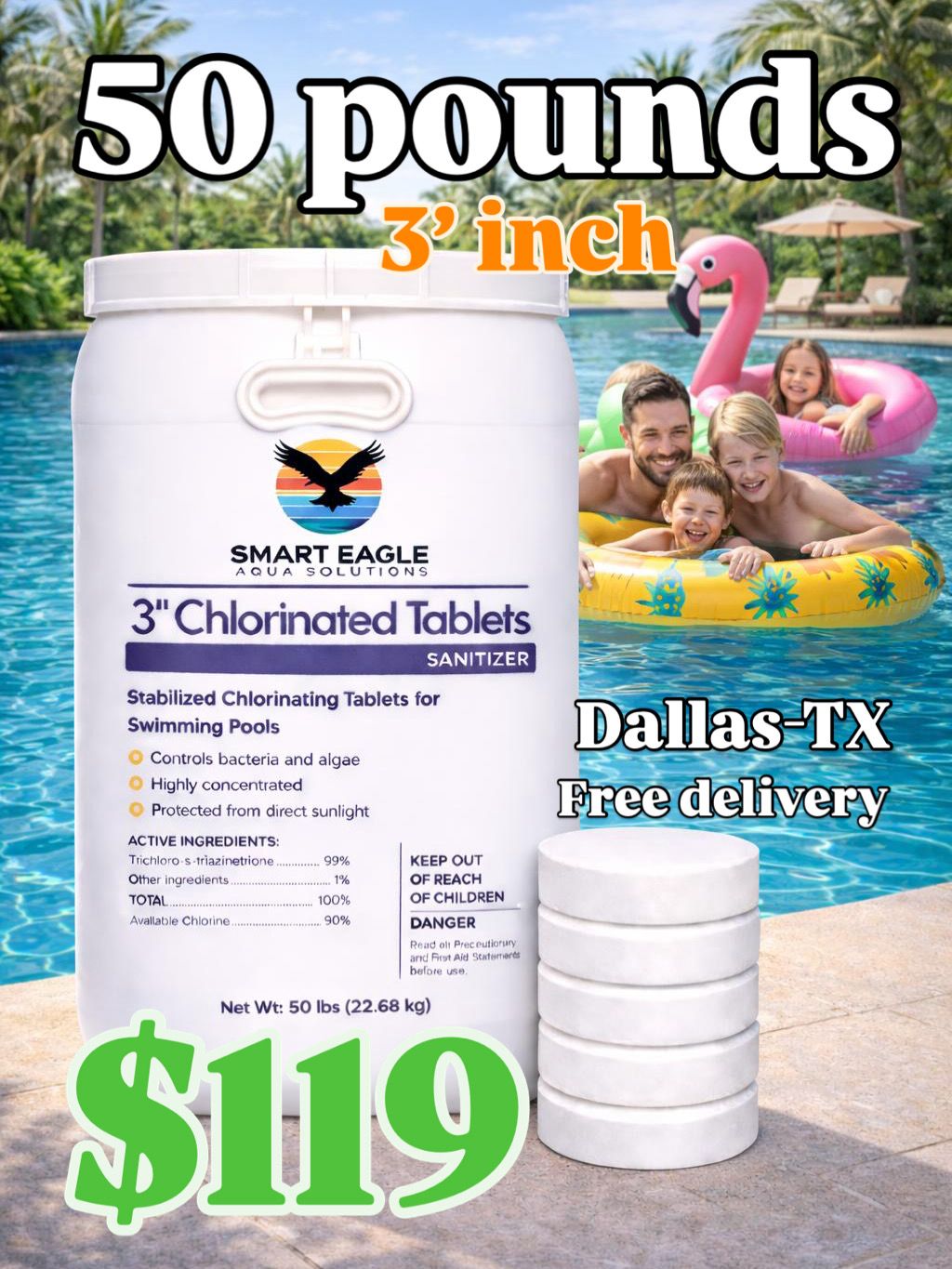3 Inch Stabilized Chlorine Tablets for Sanitizing Swimming Pools - Slow Dissolving - 90% Available Chlorine - Tri-Chlor - 50 Pounds - Smart Eagle Aqua Solutions