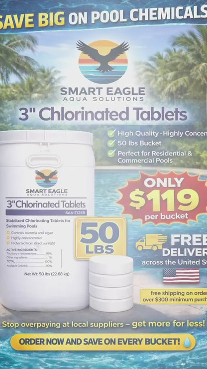 3 Inch Stabilized Chlorine Tablets for Sanitizing Swimming Pools - Slow Dissolving - 90% Available Chlorine - Tri-Chlor - 50 Pounds - Smart Eagle Aqua Solutions